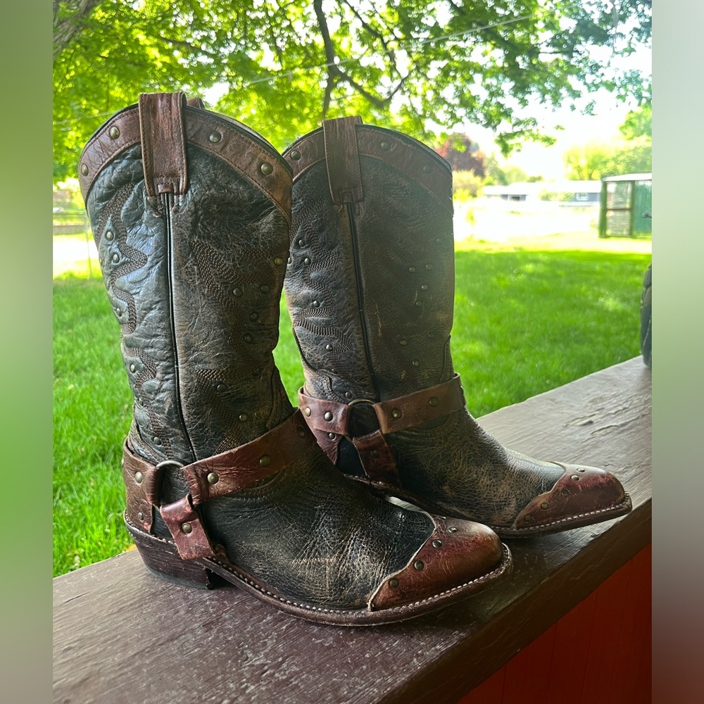 Bed Stu Cisalpine Distressed Two Tone Leather Cowgirl Harness Boot Size 7.5